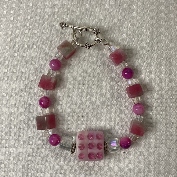 Handcrafted Glass, Hot Pink Agate and Candy Quartz Bracelet and Earrings Set - Picture 2 of 6